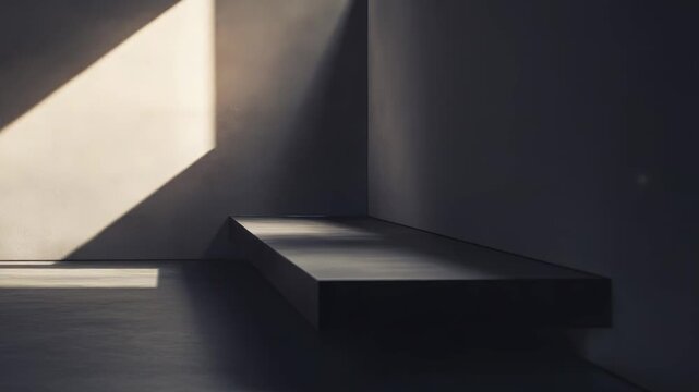 Minimal interior space showing stark contrast between a bright triangular ray of natural sunlight illuminating a textured wall and floor surface, creating abstract geometric shadow forms