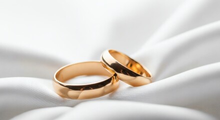 Two Gold Wedding Rings on White Fabric.