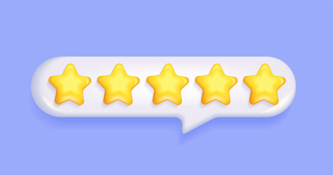 3d Five stars rating in text speech bubble. Positive 5 star customer product rating review for apps and websites. Quality, feedback. Five elements for awards, rating designation, hotels status. Vector