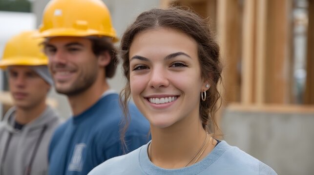 A smiling young team wearing hard hats on a construction site