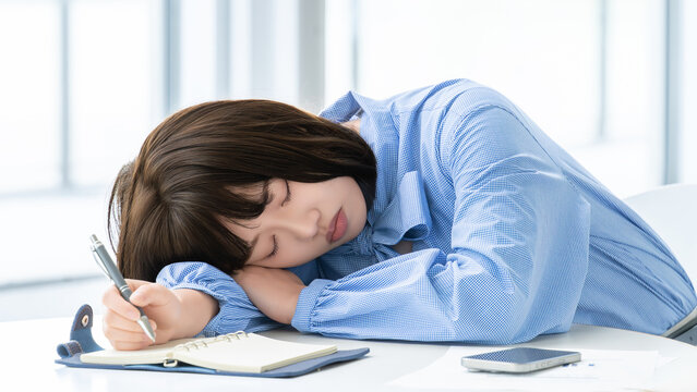 疲れてペンを持ったまま机に突っ伏す日本人女性・ビジネスウーマン, Tired Japanese Woman Resting at Desk While Holding a Pen