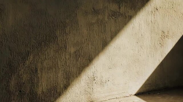 Raw concrete wall and a weathered step receiving strong natural light, casting dramatic diagonal shadows and creating geometric abstract shapes on the textured surface