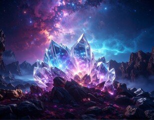 Fototapeta premium Magical crystal mountains glowing under starlight high resolution wallpaper
