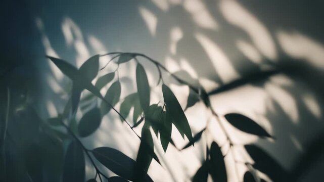 Green plant leaves casting soft, organic shadows and light across a textured wall, creating a minimalist, natural backdrop with serene contrast and ample copy space