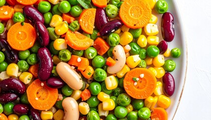 A vibrant mix of vegetables and legumes served on a plate viewed from above in a healthy meal setting