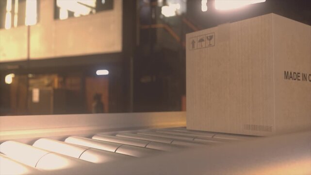 Cardboard Shipping Box With Made in China Text on Conveyor Belt
