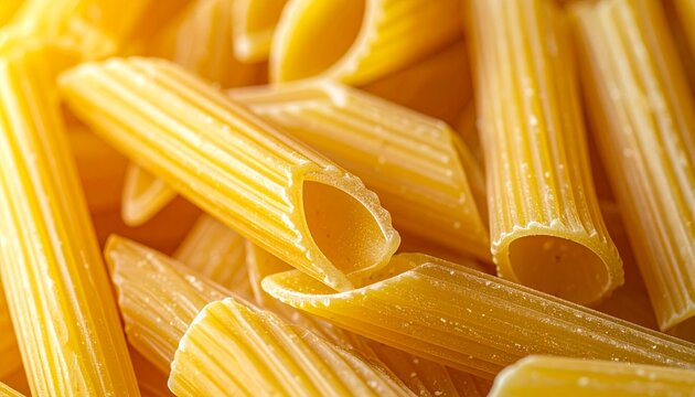 Close-up view of uncooked penne pasta filling the frame with ridged tubes and smooth texture