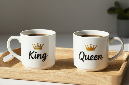 Matching his and hers coffee mugs with "King" and "Queen" text and crown illustrations on a breakfast tray, cute couple gift, daily routine romanc