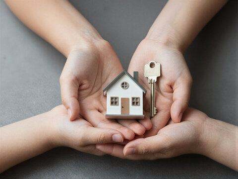 hands of different generations, adult and child, holding a life insurance key with a house model, generational security metaphor, family legacy planning