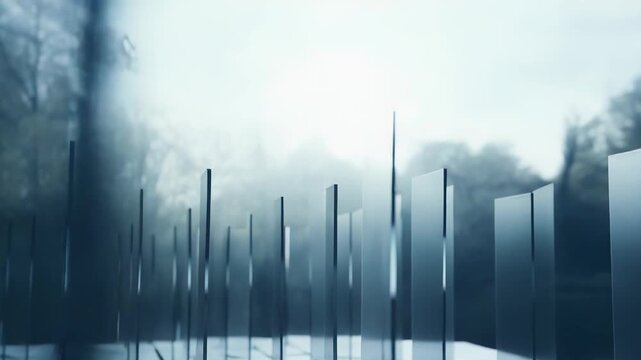 Abstract background showing thin, vertical glass panels reflecting a blurred environment, forming a structured grid and symbolizing concepts of data, innovation, and digital connectivity