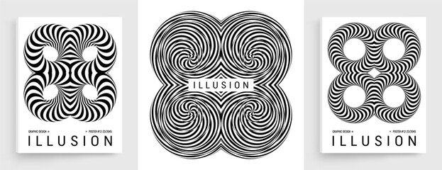 Fototapeta premium Black and white design. Optical illusion. Abstract striped form. Copy space. Hardcover book layout. Torus. Cover design template. Vector illustration for brochure, planner, diary, notebook or notepad.