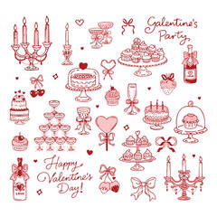 Sweet Valentine Doodle Delights: Cakes, Cupcakes, Hearts, and Champagne