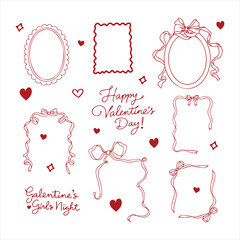 Hand-Drawn Valentine Doodle Frames and Hearts in Red and Pink