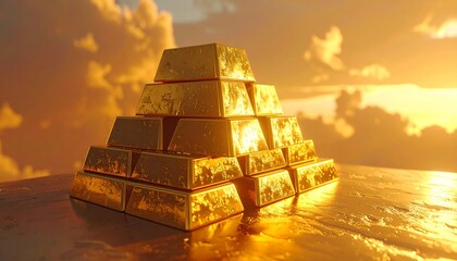 A stack of gold bars on a reflective surface at sunrise with a cloudy sky