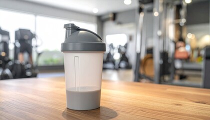 Protein Shaker Bottle on Wooden Table in Modern Gym Setting with Fitness Equipment in the Background