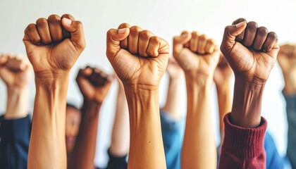 Diverse group of people raising their fists in solidarity and protest together in a powerful display of unity