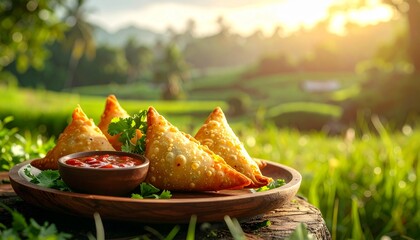 Samosas served with spicy sauce on a plate amidst lush greenery during sunrise