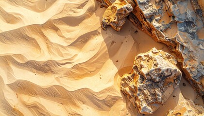 Aerial view of sand dunes and rocky terrain in a desert landscape with vast expanse of sandy terrain