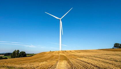 Wind turbine standing alone in a vast golden field under a clear blue sky viewed from a low angle