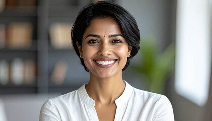 Smiling business professional woman looking directly at the camera in a modern office environment with a blurred background