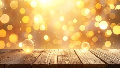 A serene wooden tabletop bathed in warm golden light and bokeh effects