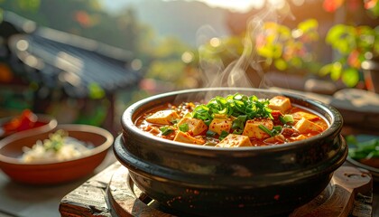 Steaming hot curry dish served in a traditional bowl on a wooden table outdoors in a serene garden setting