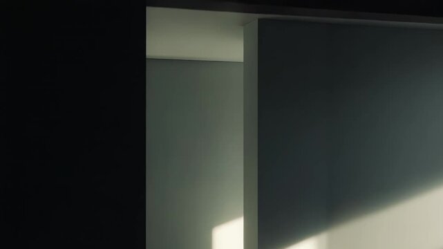 Abstract interior walls and floor receiving strong sunlight, forming contrasting geometric patterns and lines, emphasizing minimalism and architectural design