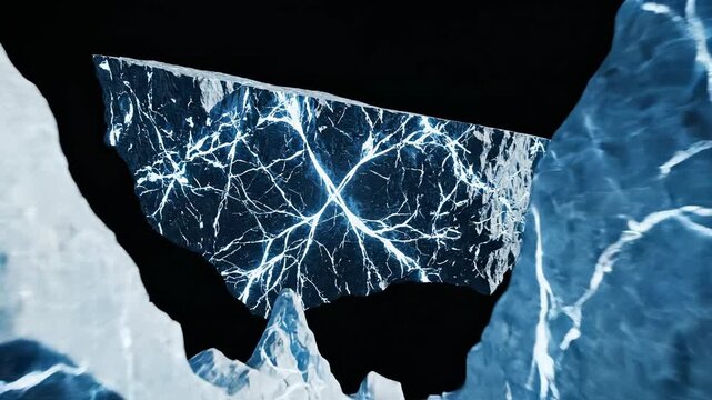 Sweeping simulated aerial view tracking over a vast cracked abstract iceberg structure emerging from the absolute blackness below power, danger, cold