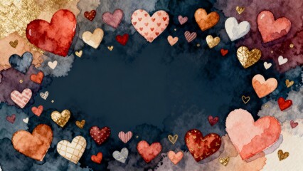 Watercolor of a variety of cute colorful hearts arranged in a border on a dark background, with oval copy space in the center