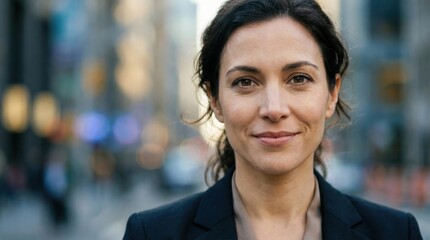 Obraz premium Confident businesswoman smiling in a city street with blurred background and bokeh lights