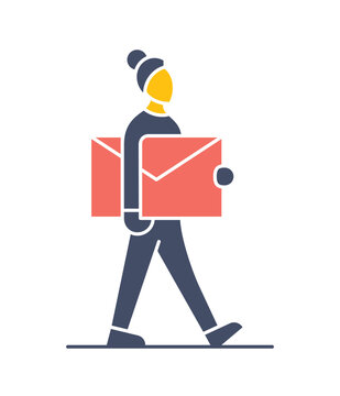 A distorted female character walking and carrying a disproportionately large mail envelope. Concept of delivering important messages, email marketing, or communication.