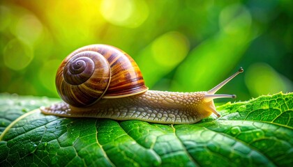 A snail slowly crawling on a vibrant green leaf in a lush garden environment viewed from a close-up perspective