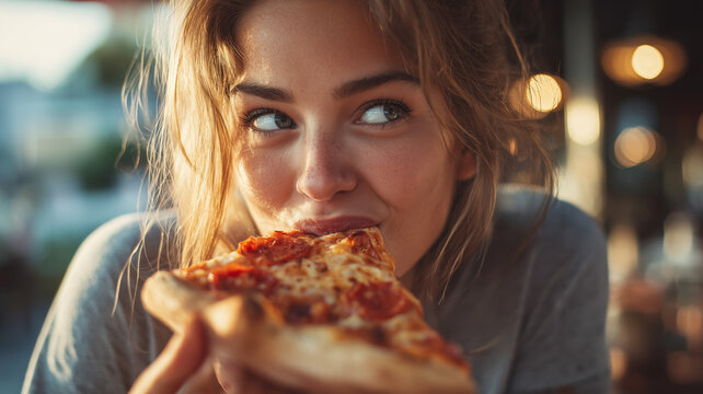 Young woman eating pizza