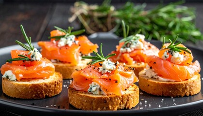 Delicious smoked salmon canap&eacute;s with cream cheese and rosemary on toasted bread, served on a black plate