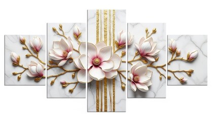 Five Panel Artwork of White Magnolia Flowers on Marble Background
