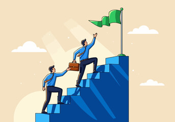 Business people climbing up stairs to success with a flag on top