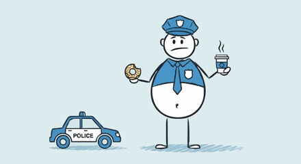 Cartoon Police Officer Holding Donut and Coffee Cup Next to Patrol Car. © sasa