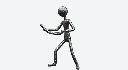 Abstract metallic figure performing martial arts pose.