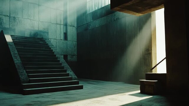 Old textured stone walls and steps create a sense of mystery and journey, with bright beams of light breaking through an opening, offering a path forward and symbolizing hope