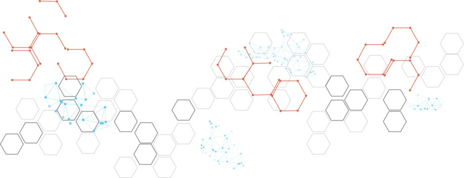 Abstract background of connected hexagons in red and cyan, representing chemical structure, molecules, or network connections