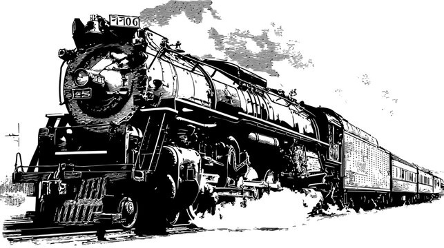 Powerful vintage steam train illustration in classic engraving style, with locomotive pulling passenger cars and smoke