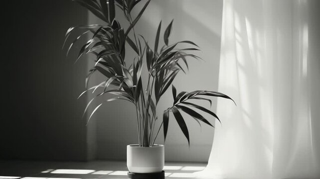 Modern home interior featuring a potted parlor palm plant gracefully positioned by a sheer white curtain, receiving warm natural light and casting beautiful patterns of shadows