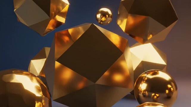 Golden polyhedral shapes and spheres on dark blue background 4k video