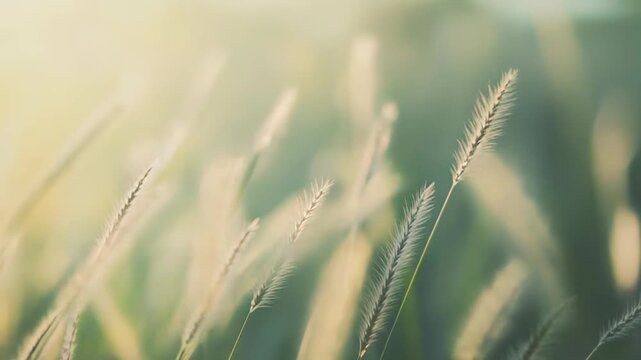 Wild grass plumes, possibly foxtail millet, gently swaying in a blurred natural environment, capturing the tranquil essence of a sunny meadow with warm, diffused light
