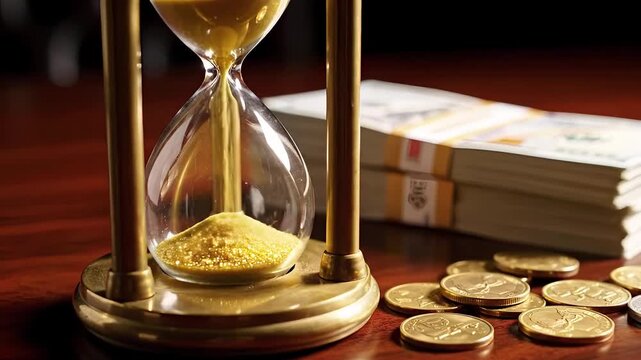 A golden hourglass symbolizes the critical concept of time being money in finance and investment planning.