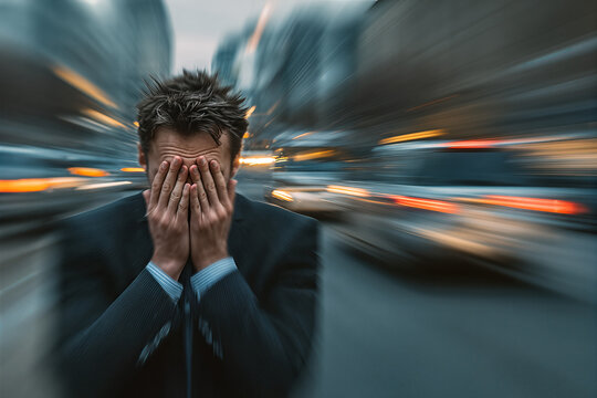 Anxious businessman covering his face in blurred speeding city traffic &mdash; tense portrait of urban stress, overwhelm, panic and daily commute pressure