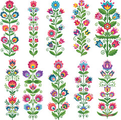 Vector Graphics: Folk Art Flowers. Showcasing bright, isolated floral arrangements on a white background.
