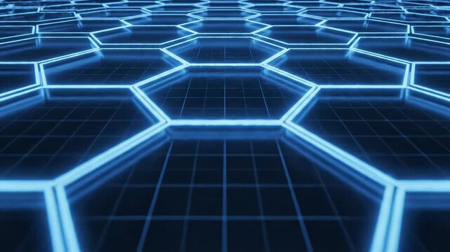 Glowing blue hexagonal grid pattern on dark background with neon effect 4k video