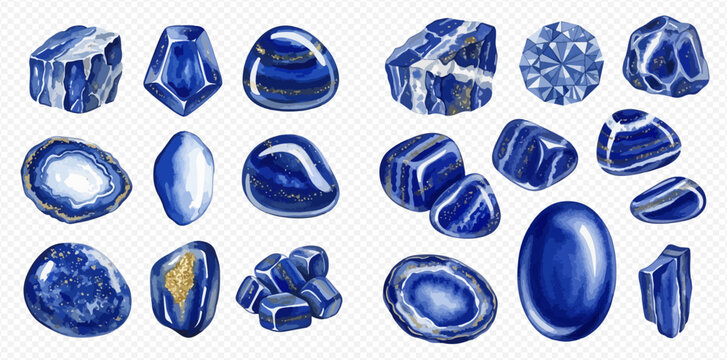 Watercolor illustration of various blue gemstones and crystals, including lapis lazuli and sapphires, in different shapes and cuts.