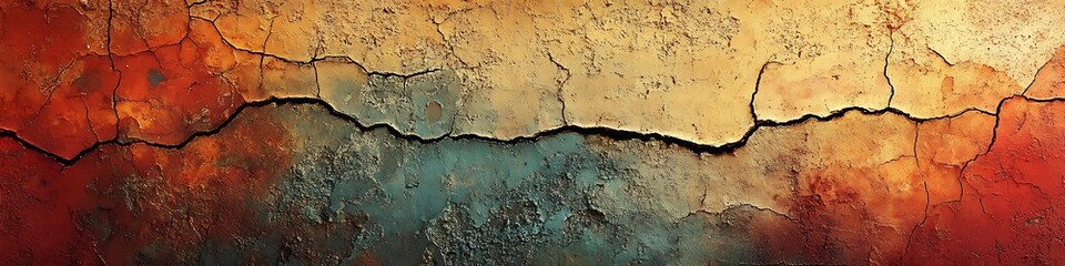 Obraz premium A close-up view of a cracked and textured wall, with a range of earthy tones. The wall shows signs of age and weathering, creating a sense of history and depth